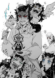  5boys ? absurdres aizetsu_(kimetsu_no_yaiba) anger_vein angry apron bald blank_eyes blue_eyes blue_sclera body_writing carrying character_doll claws clenched_teeth clothes_grab colored_sclera cup demon_boy dirty dirty_clothes dirty_face dirty_hands drooling duster egyuuu fangs figure finger_to_mouth folded_ponytail food green_eyes hair_up half-closed_eyes hand_up handprint hands_on_another&#039;s_head hands_up hantengu_(kimetsu_no_yaiba) happy harpy_boy heart heart_in_mouth highres holding holding_cup holding_duster holding_food holding_toy horns kappougi karaku_(kimetsu_no_yaiba) kimetsu_no_yaiba laughing lolicon long_hair long_sleeves looking_at_another looking_at_viewer looking_to_the_side looking_up male_focus monochrome monster_boy multiple_boys nail_polish oerba_yun_fang open_mouth playing pointy_ears red_sclera sekido_(kimetsu_no_yaiba) short_hair shoulder_carry sidelocks simple_background spoken_question_mark spot_color talons tears teeth text_in_mouth tongue tongue_out topless_male toy trembling updo urogi_(kimetsu_no_yaiba) vest wings worried x_navel yellow_eyes yunomi zohakuten_(kimetsu_no_yaiba) 