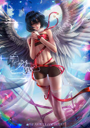  asymmetrical_wings axsen bangs banned_artist bike_shorts black_hair black_shorts black_wings blue_sky brown_eyes closed_mouth cloud feathered_wings female hair_between_eyes highres looking_to_the_side medium_hair midriff mikasa_ackerman navel panties_under_shorts red_ribbon ribbon shingeki_no_kyojin shiny shiny_hair short_shorts shorts signature sky smile solo standing stomach thigh_gap thighhighs web_address white_legwear white_wings wings 