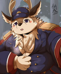  2022 absurd_res anthro belly big_belly biped blush brown_body brown_fur clothed clothing deer fur hat headgear headwear hi_res humanoid_hands kazusa kemono male mammal moobs overweight overweight_male solo tamacolle yamatoji201 