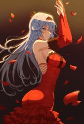  absurdres alternate_costume arms_up ass black_hairband blue_hair blush breasts bridal_gauntlets closed_mouth commentary_request dress elbow_gloves eula_(genshin_impact) falling_petals female genshin_impact gloves hair_between_eyes hairband highres large_breasts long_hair looking_at_viewer looking_to_the_side oro_(lsg0624) petals red_dress red_gloves revision sideboob solo strapless strapless_dress yellow_eyes 