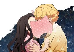  1boy agatsuma_zenitsu asa_no_ha_(pattern) bad_id bad_twitter_id bamboo black_hair blonde_hair couple covering_face female hair_ornament hair_ribbon hand_fan haori highres japanese_clothes kamado_nezuko kimetsu_no_yaiba kimono kissing long_hair looking_at_viewer multicolored_hair pink_kimono pink_ribbon pori_(kmt_pori) ribbon straight twitter_username very_long_hair 