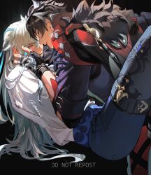  2boys absurdres artist_name bandaged_arm bandages black_background black_coat black_gloves black_hair black_shirt blue_eyes blue_hair blue_pants blush coat coat_on_shoulders earrings fingerless_gloves fur-trimmed_coat fur_trim gaiters genshin_impact gloves grey_hair grey_pants hair_between_eyes hand_on_another&#039;s_cheek hand_on_another&#039;s_face hand_up hashtag-only_commentary high-waist_pants highres jewelry long_hair long_sleeves looking_at_another lower_teeth_only male_focus multicolored_hair multiple_boys neuvillette_(genshin_impact) open_mouth pants pointy_ears purple_eyes rin_(chenirin2) shirt short_hair short_sleeves smile streaked_hair stud_earrings teeth thighhigh_gaiters thighhighs twitter_username two-sided_coat two-sided_fabric vision_(genshin_impact) white_hair white_shirt wriothesley_(genshin_impact) yaoi 