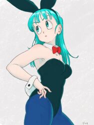  animal_ears aqua_hair black_leotard bow bowtie bulma_briefs detached_collar dragon_ball dragon_ball_(classic) fake_animal_ears highres leotard long_hair na1gahama rabbit_ears red_bow red_bowtie strapless strapless_leotard wrist_cuffs 