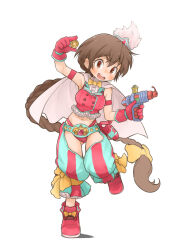  :d ass_visible_through_thighs blurry blush bow braid brown_eyes brown_hair buttons capelet chaps coin commentary_request cropped_vest dot_nose female footwear_bow frilled_vest frills full_body gem gun holding holding_coin holding_gun holding_weapon kyuubee lapels leg_up long_hair low-braided_long_hair low-tied_long_hair magia_record:_mahou_shoujo_madoka_magica_gaiden magical_girl mahou_shoujo_madoka_magica mao_himika midriff navel open_mouth panties red_gemstone red_panties red_shoes red_vest shoes simple_background single_braid smile solo teeth underwear upper_teeth_only very_long_hair vest weapon white_background white_capelet zangetsumaru 