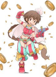  :d ass_visible_through_thighs blurry blush bow braid brown_eyes brown_hair buttons capelet chaps coin commentary_request cropped_vest dot_nose falling_money female footwear_bow frilled_vest frills full_body gem gun holding holding_coin holding_gun holding_weapon kyuubee lapels leg_up long_hair low-braided_long_hair low-tied_long_hair magia_record:_mahou_shoujo_madoka_magica_gaiden magical_girl mahou_shoujo_madoka_magica mao_himika midriff navel open_mouth panties red_gemstone red_panties red_shoes red_vest shoes simple_background single_braid smile solo teeth underwear upper_teeth_only very_long_hair vest weapon white_background white_capelet zangetsumaru 