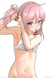  bottomless bra breasts female food_print fruit_print hair_bobbles hair_ornament holding holding_own_hair kantai_collection medium_breasts mouth_hold navel no_panties out-of-frame_censoring pink_eyes pink_hair print_bra ray.s sazanami_(kancolle) simple_background solo strawberry_print underwear white_background white_bra 