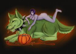  beast_boy_(dc) beastboy candy dc_comics female green halloween nekomira nude pumpkin raven raven_(dc) sweets teen_titans wolf 