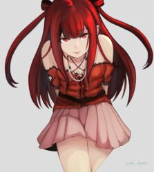  beatmania_iidx commentary_request female grey_background long_hair looking_at_viewer red_eyes red_hair skirt solo tongue tongue_out umegiri_ameto yamikyon 