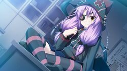  arisa_suou classroom closed_mouth eyepatch female game_cg hood hoodie long_sleeves on_table purple_hair sitting skirt smile solo soukoku_no_arterial striped striped_legwear striped_thighhighs table thighhighs twintails yakuri yellow_eyes zettai_ryouiki 