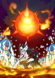  2girls black_hair breasts cleavage commentary_request covers_(kill_la_kill) dress fighting_stance highres junketsu kill_la_kill kiryuuin_satsuki konoy life_fiber long_hair matoi_ryuuko medium_breasts microskirt multicolored_hair multiple_girls partial_commentary photoshop_(medium) primordial_life_fiber red_hair revealing_clothes scissor_blade_(kill_la_kill) senketsu short_hair siblings sisters skirt sword thighhighs two-tone_hair weapon 