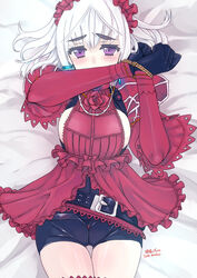  belt black_shorts blush bondage bondage bound breasts chaika_bogdan commentary_request covering_own_mouth cowboy_shot earrings eyebrows female frills gloves hairband hitsugi_no_chaika jewelry lolita_hairband looking_at_viewer lying medium_breasts miniru on_back purple_eyes short_hair short_shorts shorts sideboob solo thick_eyebrows thigh_gap white_hair 