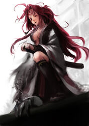  amputee armor baiken breasts chains claw_(weapon) cleavage commentary_request facial_mark facial_tattoo female forehead_mark goichi greaves guilty_gear japanese_clothes kataginu katana kimono kiseru large_breasts long_hair one-eyed open_clothes open_kimono pink_eyes pink_hair ponytail scar scar_across_eye scar_on_face sheath sheathed smoking_pipe solo sword tattoo very_long_hair weapon 