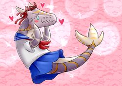  alien blush bone-chan boneshark_(subnautica) clothing eyelashes female feral fish heart_symbol humor marine pattern_background pink_background pink_body pink_scales ribbons rosy_cheeks scales school_uniform shark simple_background smile solo sparkles subnautica tikara uniform unknown_worlds_entertainment white_eyes 