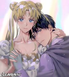  1boy artist_name bishoujo_senshi_sailor_moon bishounen black_hair blonde_hair blue_eyes breasts chiba_mamoru cleavage collarbone commentary_request crescent crescent_facial_mark double_bun dress earrings endymion_(sailor_moon) facial_mark female gearous gloves grey_gloves hair_bun hair_ornament hand_on_another&#039;s_neck holding_hands interlocked_fingers jewelry light_smile long_hair looking_at_viewer princess_serenity sleeveless sleeveless_dress small_breasts straight tsukino_usagi twintails upper_body white_dress 