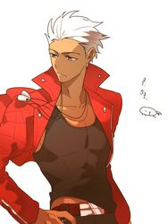  1boy adapted_costume archer_(cool_and_wild)_(fate) archer_(fate) archer_(modern_black_costume)_(fate) bad_id bad_pixiv_id collar dark-skinned_male dark_skin dog_tags fate/extra fate/extra_ccc fate_(series) grey_eyes jacket male_focus red_jacket solo toridori_(csunhong1) white_hair 