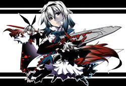  alice_margatroid alternate_costume blue_eyes cape colorized commentary_request dress female fingerless_gloves gloves kisaragi_you long_hair red_eyes short_hair sword touhou weapon white_hair 