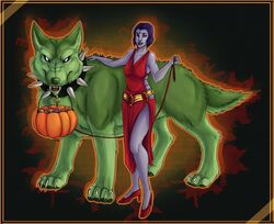  beast_boy_(dc) beastboy candy collar dc_comics dress female halloween high_heels leash nekomira pumpkin raven raven_(dc) sweets teen_titans wolf 