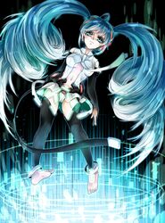  anklet aqua_eyes aqua_hair barefoot bridal_gauntlets center_opening commentary_request female hatsune_miku hatsune_miku_(append) highres hona_(platinum_egg) jewelry long_hair navel necktie solo thighhighs twintails very_long_hair vocaloid vocaloid_append 