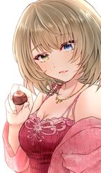  blue_eyes brown_hair chii_(sbshop) commentary_request female green_eyes heterochromia idolmaster idolmaster_cinderella_girls jacket looking_at_viewer mole mole_under_eye open_mouth shirt short_hair solo takagaki_kaede valentine 