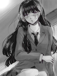  black_hair blush commentary_request female long_hair monochrome multicolored_hair necktie ran_to_haiiro_no_sekai sango_(haiiro) school_uniform swimmer_(realthingshakes) 