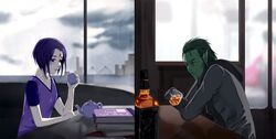  1boy beast_boy_(dc) beastboy dc_comics female garfield_logan green_hair green_skin momijigirl pointy_ears purple_eyes purple_hair raven raven_(dc) tea teen_titans tumbler 