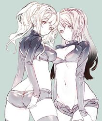  2girls ass ass_visible_through_thighs beatrix_(granblue_fantasy) blonde_hair blue_eyes breasts brown_eyes brown_hair cleavage cleavage_cutout clothing_cutout commentary_request crop_top curly_hair flat_ass granblue_fantasy grey_background hair_ornament hair_ribbon koza_game long_hair looking_at_viewer medium_breasts micro_shorts midriff multiple_girls navel open_mouth protected_link ribbon short_twintails shorts simple_background skin_tight thigh_gap thighhighs tight_clothes twintails zeta_(granblue_fantasy) 