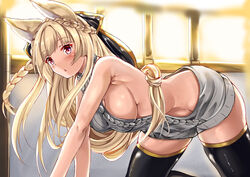  all_fours alternate_costume animal_ears aran_sweater backless_outfit bare_arms bare_back bare_shoulders black_thighhighs blurry braid breasts cable_knit commentary_request depth_of_field dress erune female french_braid granblue_fantasy halterneck highres indoors large_breasts long_hair looking_at_viewer low-tied_long_hair meme_attire naked_sweater open_mouth ribbed_sweater sideboob skindentation solo sweater sweater_dress thighhighs thighs turtleneck turtleneck_sweater uchida_shou very_long_hair virgin_killer_sweater yuisis_(granblue_fantasy) 