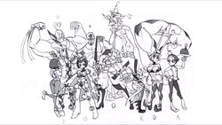  5boys 5girls ahoge alex_ahad animal animal_on_head ass beatrix_(skullgirls) bird bird_on_head breasts cerebella_(skullgirls) chinese_clothes cleavage facial_hair feathers feng_(skullgirls) hat heart_ahoge highres horn hubrecht_(skullgirls) hubrecht_hertz_adelhardt knife moustache multiple_boys multiple_girls muscle muse_(skullgirls) official_art pointy_ears regina_(skullgirls) skullgirls taliesin_(skullgirls) tattoo vice-versa_(skullgirls) 