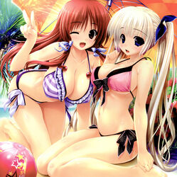  2girls ;d absurdres aina_ashwin ball barefoot beach beach_umbrella beachball bikini blonde_hair blue_eyes body_blush breasts cleavage frilled_bikini frills front-tie_top hair_ribbon highres kneeling large_breasts long_hair long_legs looking_at_viewer multiple_girls navel oerba_yun_fang one_eye_closed open_mouth photoshop_(medium) pink_bikini prism_recollection! red_eyes red_hair renjou_sayaka ribbon scan shintarou side-tie_bikini_bottom sidelocks sitting smile strap_gap striped_bikini striped_clothes swimsuit twintails umbrella v very_long_hair wariza 