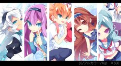  3boys 3girls aqua_hair bad_id bad_pixiv_id beta_(inazuma_eleven) blue_eyes brown_eyes brown_hair dress gamma_(inazuma_eleven) green_eyes hairband inazuma_eleven_(series) inazuma_eleven_go inazuma_eleven_go_chrono_stone inazuma_eleven_go_galaxy letterboxed long_hair looking_at_viewer meia midriff minaho_kazuto multiple_boys multiple_girls nanobana_kinako navel orange_hair purple_eyes purple_hair sailor_collar saryuu_evan white_hair yuui1994 