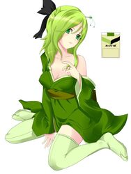  bare_shoulders female female green_eyes green_hair head_tilt japanese_clothes kanata-kurose kimono personification ribbon solo thighhighs wakaba-tan wakaba_(personification) yukata zettai_ryouiki 