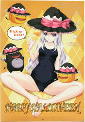  barefoot feet food grey_eyes halloween hat ice_cream long_hair melty_(shining_hearts) mizugi pointed_ears pumpkin shining_hearts silver_hair spread_legs sukumizu witch_hat yoshimura_kentaro yoshimura_kentarou 