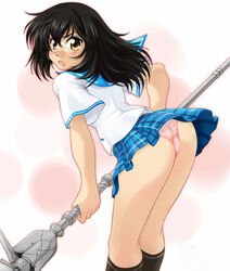  ass black_hair blush brown_eyes commentary_request female himeragi_yukina leaning_forward looking_at_viewer open_mouth panties pantyshot pink_panties plaid plaid_panties plaid_skirt ranbu_hararin saikai_academy_school_uniform school_uniform skirt solo staff strike_the_blood sweatdrop underwear 