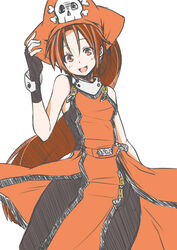  black_pantyhose breasts brown_eyes brown_hair commentary_request female fingerless_gloves gloves guilty_gear hat long_hair may_(guilty_gear) orange_hat orange_shirt painttool_sai_(medium) pantyhose pirate pirate_hat ponytail shirt skirt skull_and_crossbones sleeveless small_breasts smile solo very_long_hair zanku 