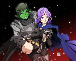  armor beast_boy_(dc) beastboy dc_comics eudetenis galactic_overlord green gun raven raven_(dc) suit teen_titans thighhighs weapon 