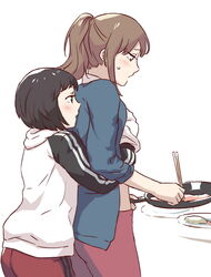  2girls bad_deviantart_id bad_id blush chopsticks cooking flauschtraut food frying_pan grabbing grabbing_another&#039;s_breast grabbing_from_behind groping hand_under_clothes holding holding_frying_pan hood hooded_track_jacket jacket komano_hina multiple_girls okujou_no_yurirei-san omelet staring sweatdrop tamagoyaki toomi_yuna track_jacket track_suit yuri 