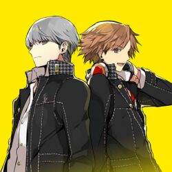  2boys back-to-back brown_hair commentary_request grey_hair hanamura_yousuke headphones houndstooth male_focus mami_(apsaras) multiple_boys narukami_yuu open_mouth persona persona_4 simple_background unmoving_pattern upper_body yellow_background 