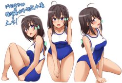  :d ahoge ass_visible_through_thighs backless_outfit bad_id bad_nicoseiga_id bare_arms bare_legs bare_shoulders barefoot blue_one-piece_swimsuit blush bow braid breasts brown_hair collarbone commentary_request competition_school_swimsuit dark_skin female green_bow hair_between_eyes hairbow high_school_fleet highres kapatarou long_hair looking_at_viewer medium_breasts multiple_views one-piece_swimsuit open_mouth purple_eyes school_swimsuit side_braid simple_background sitting smile swimsuit thigh_gap translation_request uchida_mayumi v_arms white_background yokosuka_girls_marine_high_school_swimsuit 