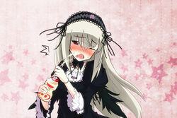  bad_id bad_pixiv_id drink female highres long_hair photoshop_(medium) rozen_maiden sexually_suggestive solo suggestive_fluid suigintou uiu white_hair yakult 