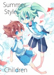  2boys bad_id bad_pixiv_id barefoot blue_eyes brown_hair english_text fei_rune garu_(inazuma_eleven) green_hair inazuma_eleven_(series) inazuma_eleven_go looking_at_viewer male_focus matsukaze_tenma multiple_boys no_pupils raimon raimon_soccer_uniform smile soccer_uniform sportswear yuui1994 