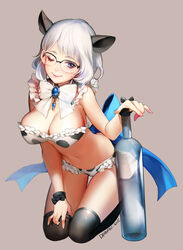  animal_ears animal_print black_thighhighs blue_eyes blush bottle breasts cleavage commentary_request cow_ears cow_girl cow_print ddongu female glasses highres large_breasts navel neck_ribbon one_eye_closed original photoshop_(medium) ribbon seiza short_hair sitting smile solo thigh_gap thighhighs white_hair wrist_ribbon 