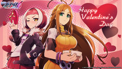  2girls antenna_hair azure_striker_gunvolt azure_striker_gunvolt_2 bowl box breasts brown_hair dress fur_trim gibril_(gunvolt) gift green_eyes hand_in_pocket happy_valentine hatakeyama_yoshitaka heart-shaped_box highres jacket large_breasts logo long_hair looking_at_viewer multicolored_hair multiple_girls nike_(gunvolt) official_art one_eye_closed red_hair ribbed_dress short_hair skirt small_breasts smile streaked_hair turtleneck valentine yellow_eyes 