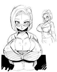  android_18 basara breasts cleavage dragon_ball dragon_ball_z glasses huge_breasts looking_at_viewer lowres monochrome 