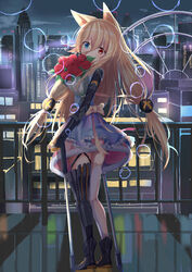  absurdres alternate_costume animal_ears ankle_boots armor asymmetrical_legwear blonde_hair blue_eyes blush boots bouquet bow breasts cane chinese_commentary city_lights cityscape cloud commentary_request covered_mouth crutch crying dress female flower fox_ears from_behind full_body g41_(girls&#039;_frontline) girls&#039;_frontline hair_between_eyes hair_ornament heterochromia highres holding holding_cane long_hair looking_at_viewer looking_back low_twintails natsuki_(digretking) night night_sky open_mouth railing red_eyes ribbon rose sash sidelocks single_thighhigh sky small_breasts solo tears thigh_strap thighhighs thighs twintails uneven_legwear very_long_hair white_legwear 