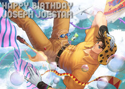  1boy achtung_baby aircraft airplane asuteka baby blue_eyes bottle brown_hair bubble bubble_wand cloud commentary_request female flying gloves grin hat hermit_purple invisible jewelry jojo_no_kimyou_na_bouken joseph_joestar joseph_joestar_(old) joseph_joestar_(young) official_alternate_costume photoshop_(medium) plant ring scarf shizuka_joestar sky smile soda_bottle stand_(jojo) striped_clothes striped_scarf sunglasses time_paradox vines 