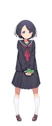  black_eyes black_hair female full_body highres kneehighs kuroboshi_kouhaku loafers long_sleeves official_art oumichi_asahi own_hands_together pigeon-toed pleated_skirt pop_in_q school_uniform scrunchie serafuku shoes simple_background skirt smile socks solo swept_bangs v_arms white_background white_socks wrist_scrunchie 