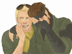  2boys beard big_boss blonde_hair blue_eyes brown_hair commentary_request eyewear_on_head facial_hair hand_on_own_face kazuhira_miller laughing laughing_girls_(meme) meme metal_gear_(series) multiple_boys photoshop_(medium) see_hang sunglasses 