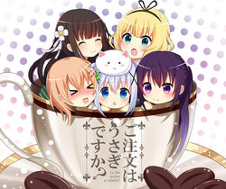  5girls blue_eyes blue_hair blush chibi closed_eyes coffee copyright_name cup gochuumon_wa_usagi_desu_ka? gochuumon_wa_usagi_desuka? hoto_cocoa in_container in_cup kafuu_chino kirima_sharo multiple_girls open_mouth purple_eyes purple_hair smile tedeza_rize tippy_(gochuumon_wa_usagi_desuka?) ujimatsu_chiya 