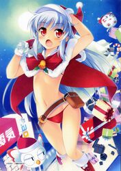  absurdres belt bikini bird blue_hair cape christmas feline female gift gloves hat highres loose_belt lovekami moon red_bikini red_eyes sack santa_bikini santa_costume santa_hat solo swimsuit tsukuyomi_usagi yashima_takahiro 