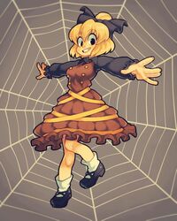  :d black_footwear blonde_hair brown_dress brown_eyes buttons commentary_request dress female frilled_sleeves frills full_body grey_background highres kurodani_yamame long_sleeves looking_at_viewer mary_janes nappooz open_mouth shoes short_hair silk smile socks solo spider_web touhou 